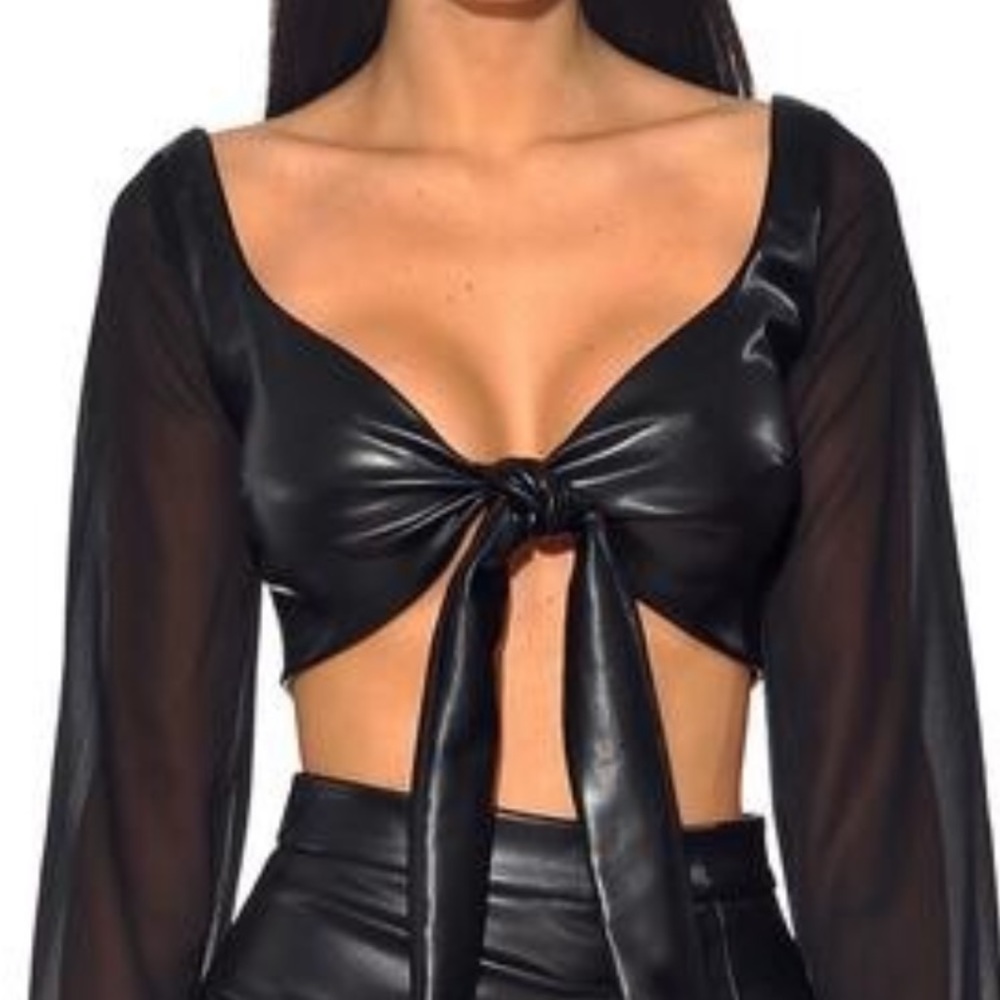 Vegan leather long sleeve crop top